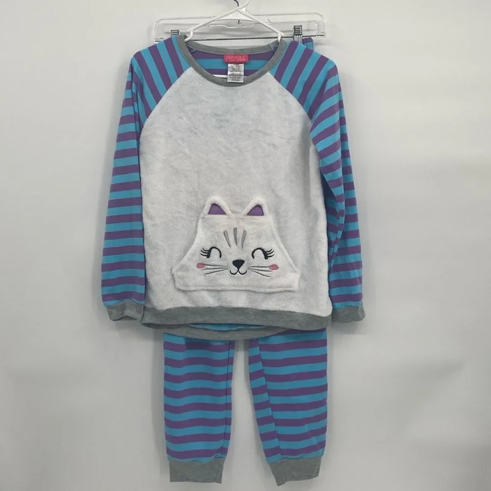Saint Eve Kids Pajama Set Fuzzy Cat Pocket Sweatshirt Striped Pants L 14/16